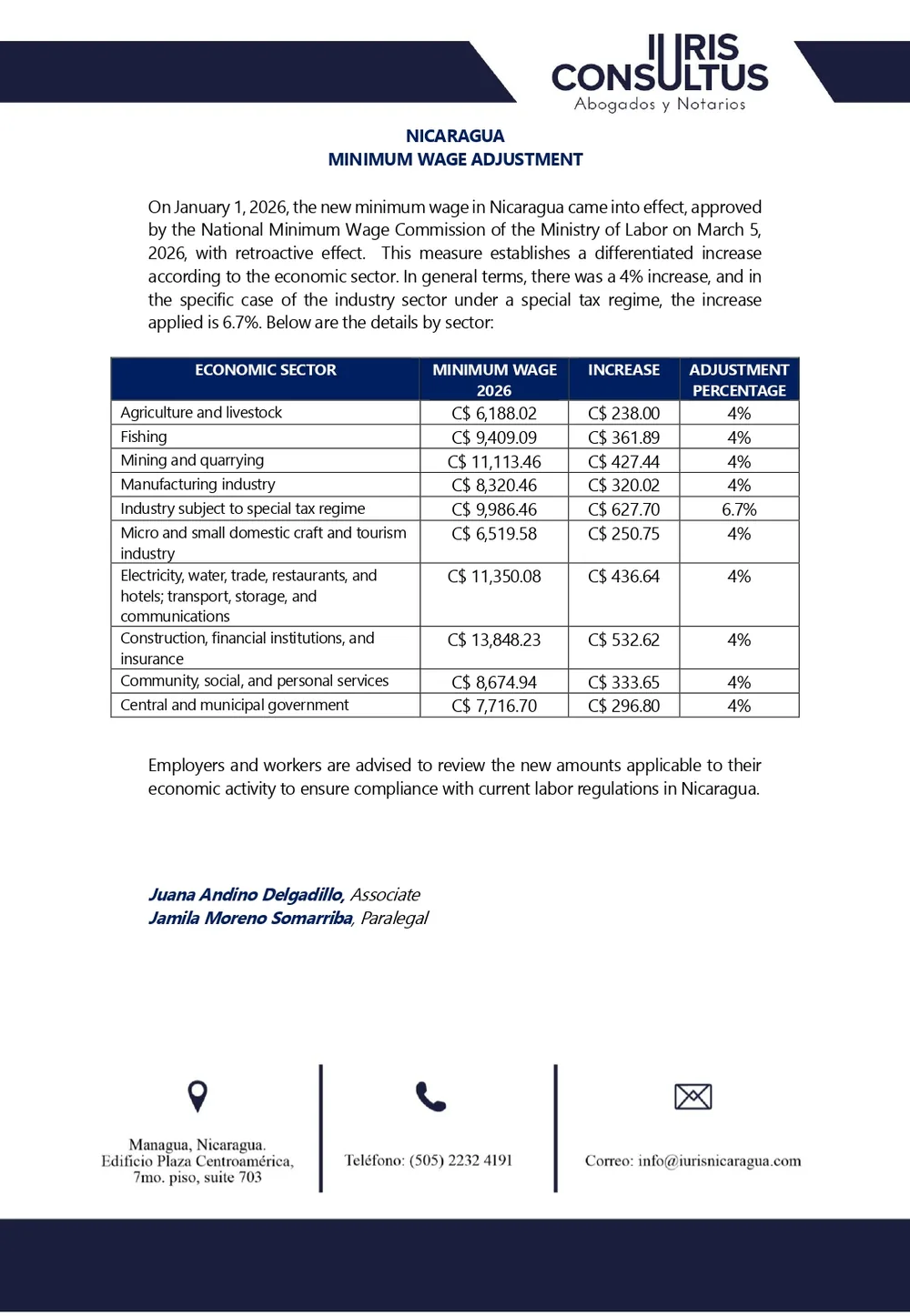 Iuris Consultus bulletin on Nicaragua's 2026 minimum wage adjustment