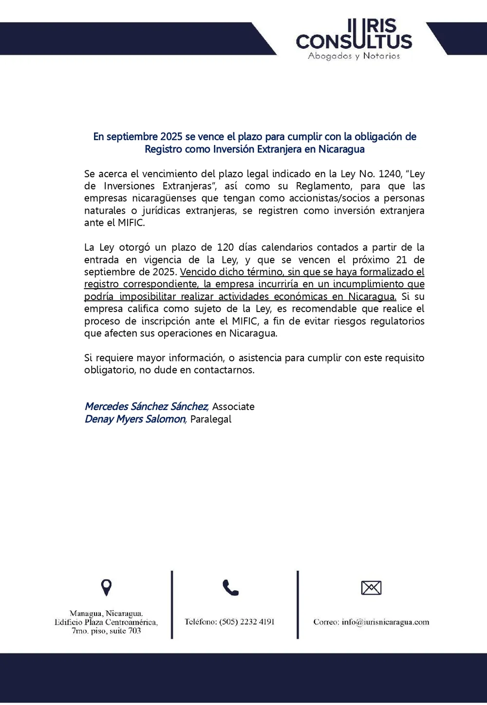 Boletín de Iuris Consultus sobre el registro de inversión extranjera ante el MIFIC