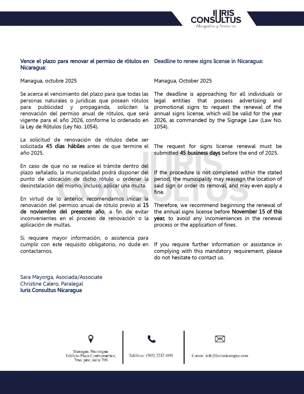Boletín de Iuris Consultus sobre la renovación del permiso de rótulos en Nicaragua